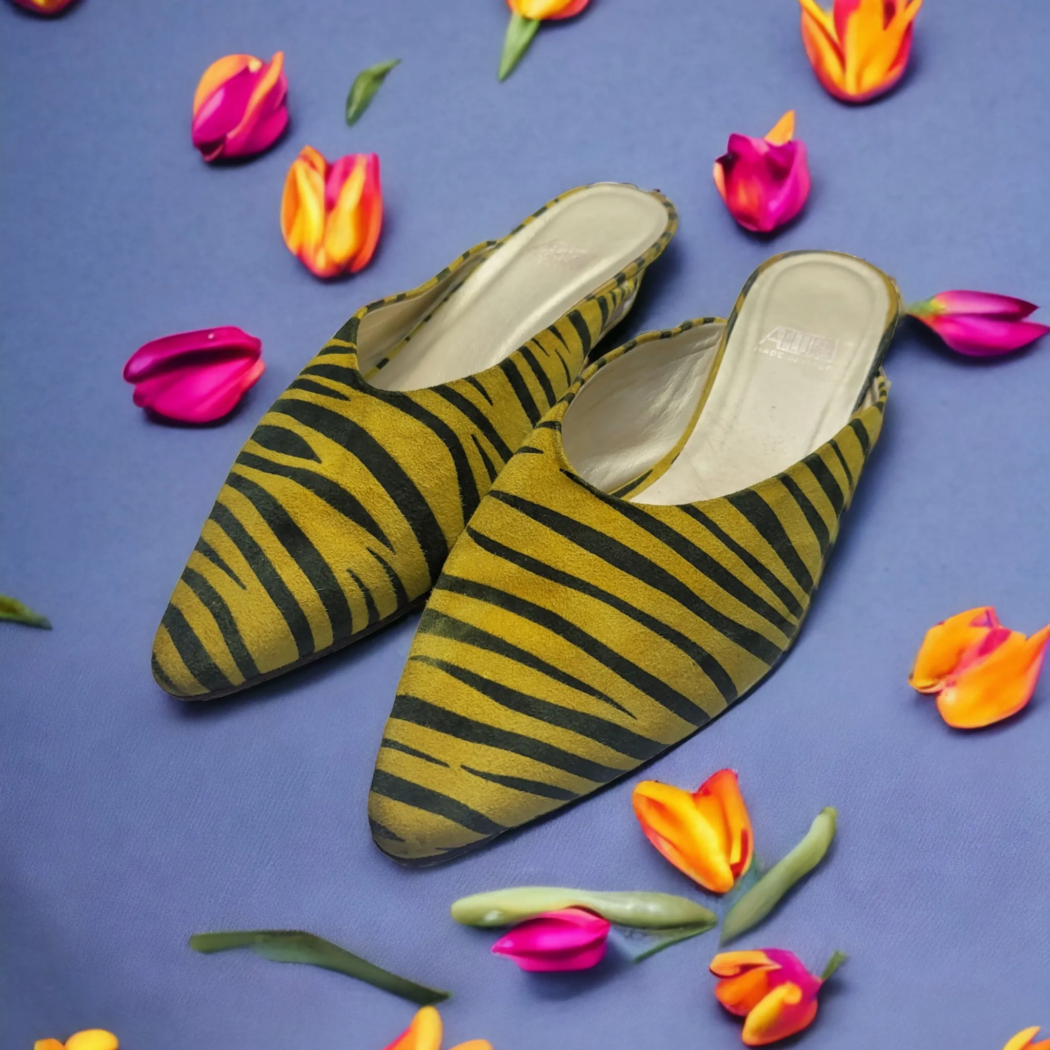 90s Vintage Zebra Stripe Kitten Heel Mules Size 9