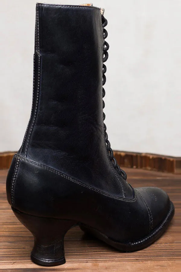 Black Retro Block Lace-Up Boots