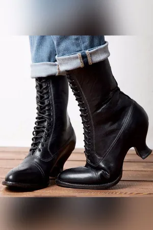 Black Retro Block Lace-Up Boots