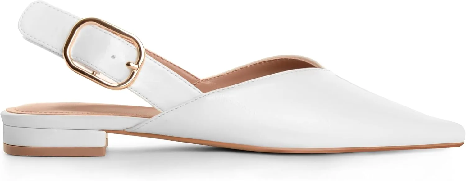 Gold Slingback Flat Shoes for Women Casual Comfortable Shoes Pointed Toe Adjustable Buckle Flat Mule Sandals