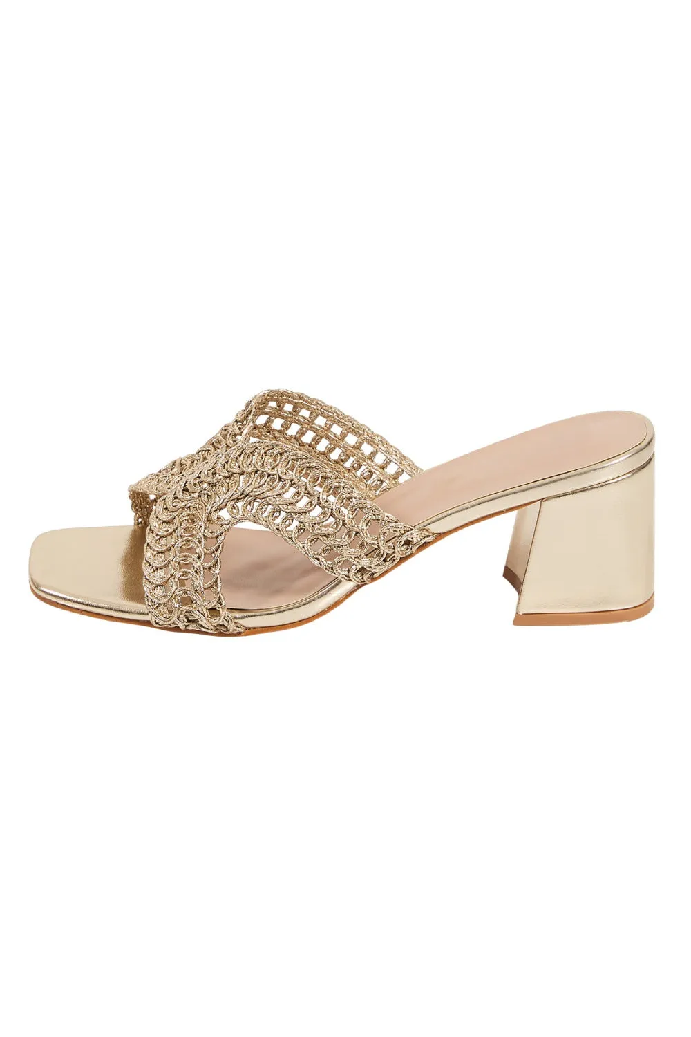 KNITTED BLOCK HEEL MULES IN GOLD