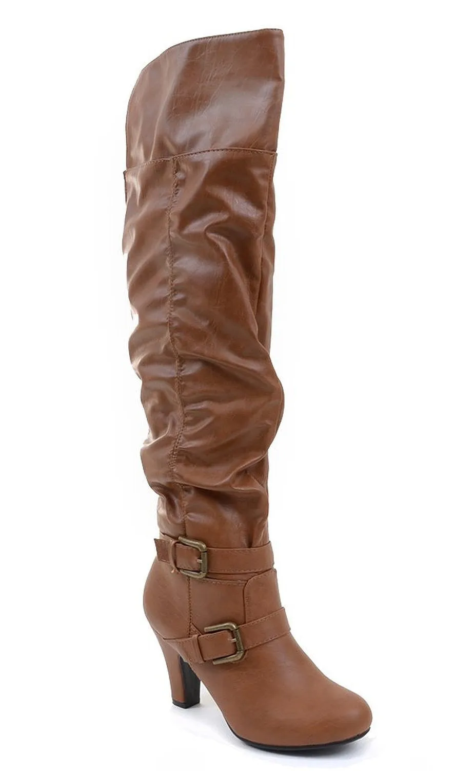 Leatherette Buckle Slouchy Knee High Vegan Boot