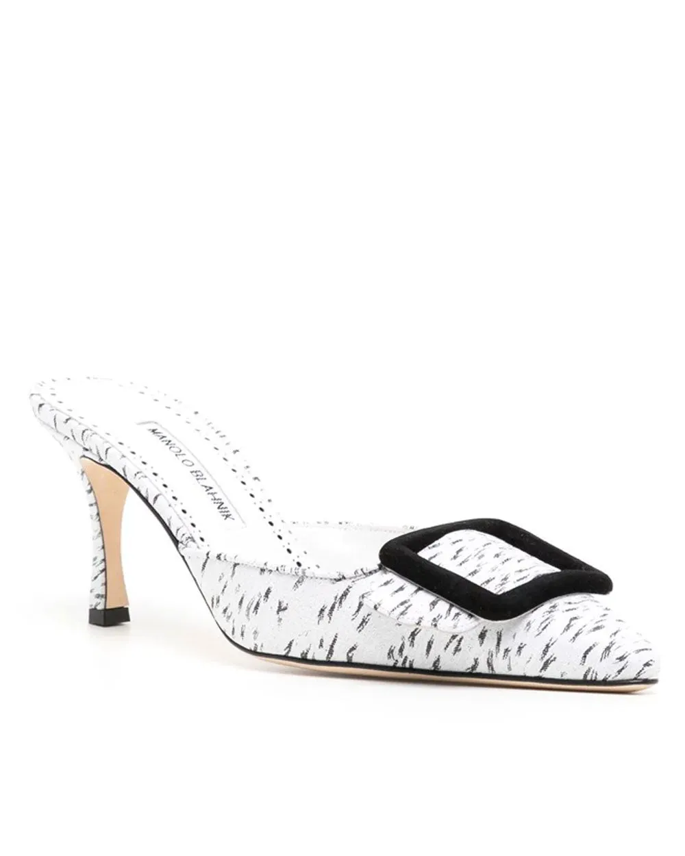 Maysale Point Toe Kitten Heel Slide in White Jacquard