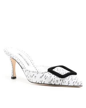 Maysale Point Toe Kitten Heel Slide in White Jacquard