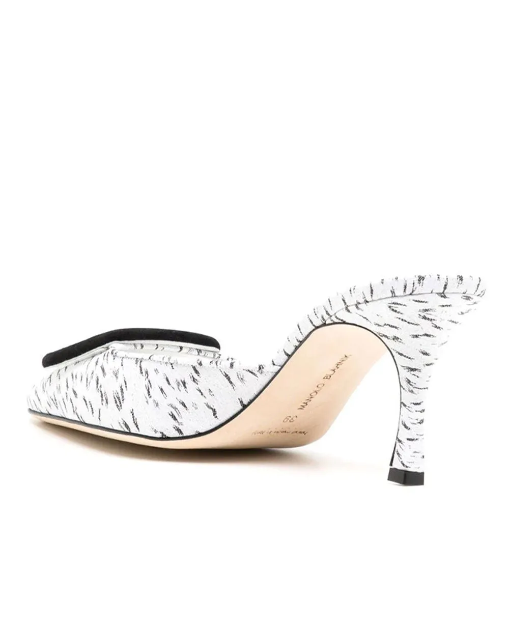 Maysale Point Toe Kitten Heel Slide in White Jacquard