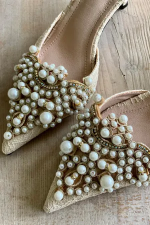 Pearl kitten heel mules in ivory