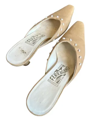 Salvatore Ferragamo Shoe Size 7.5 Tan & White Leather Kitten Heel dots Mules