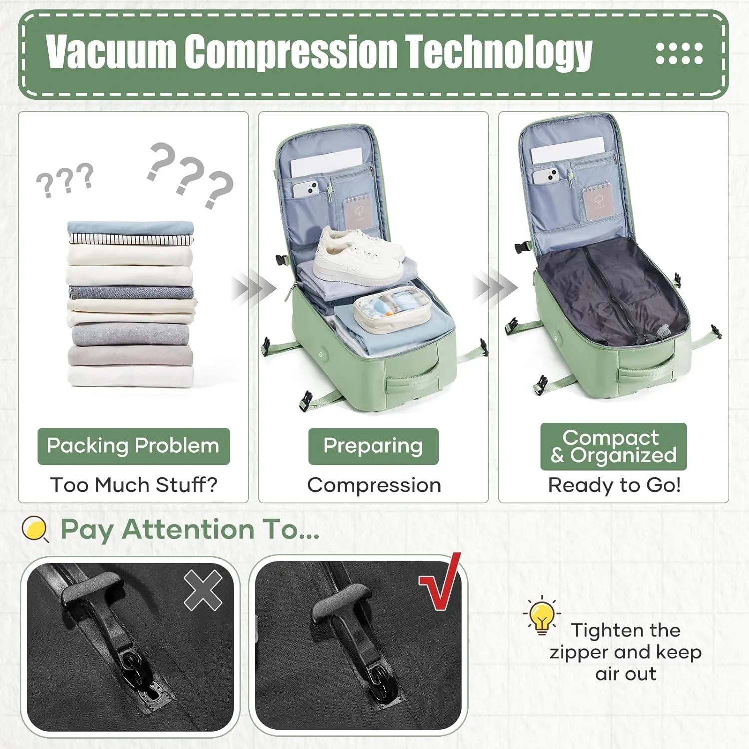 suwasp Vacuum Compression Travel Backpack with Electric Vacpack Pump, Vacuum Backpack Carry on Flight Approved, Airback Personal Item Travel Storage Space Saver Bags for Women Men, Light Green