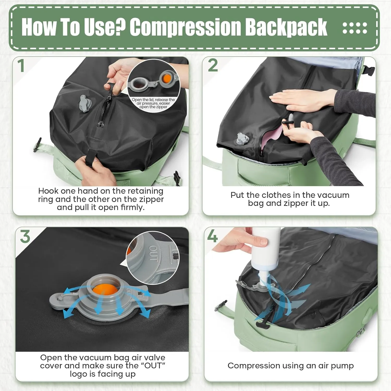 suwasp Vacuum Compression Travel Backpack with Electric Vacpack Pump, Vacuum Backpack Carry on Flight Approved, Airback Personal Item Travel Storage Space Saver Bags for Women Men, Light Green