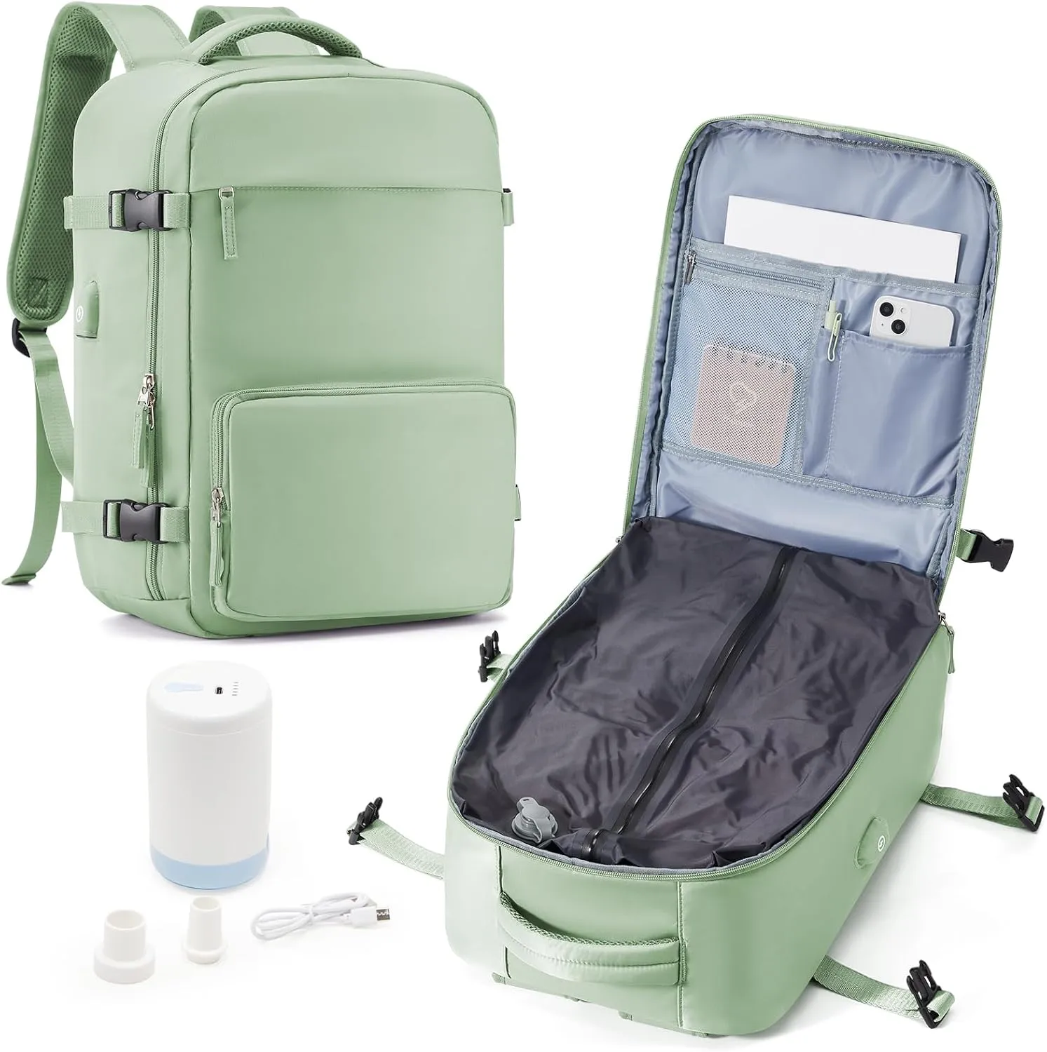 suwasp Vacuum Compression Travel Backpack with Electric Vacpack Pump, Vacuum Backpack Carry on Flight Approved, Airback Personal Item Travel Storage Space Saver Bags for Women Men, Light Green