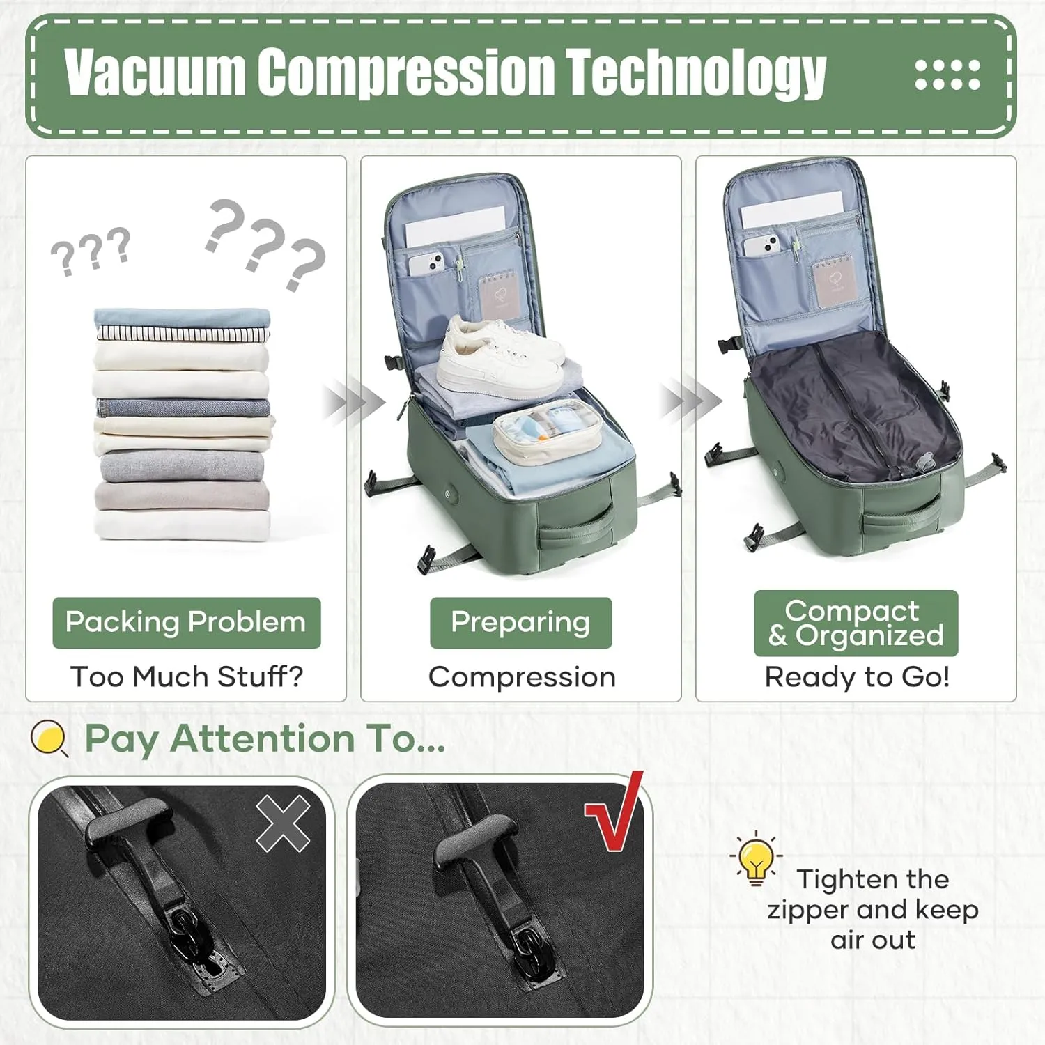 suwasp Vacuum Compression Travel Backpack with Electric Vacpack Pump, Vacuum Backpack Carry on Flight Approved, Airback Personal Item Travel Storage Space Saver Bags for Women Men,Sage Green