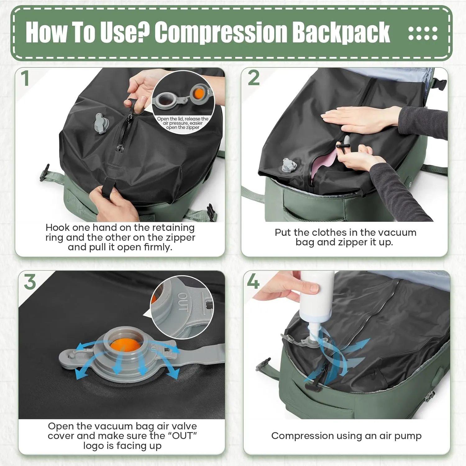 suwasp Vacuum Compression Travel Backpack with Electric Vacpack Pump, Vacuum Backpack Carry on Flight Approved, Airback Personal Item Travel Storage Space Saver Bags for Women Men,Sage Green