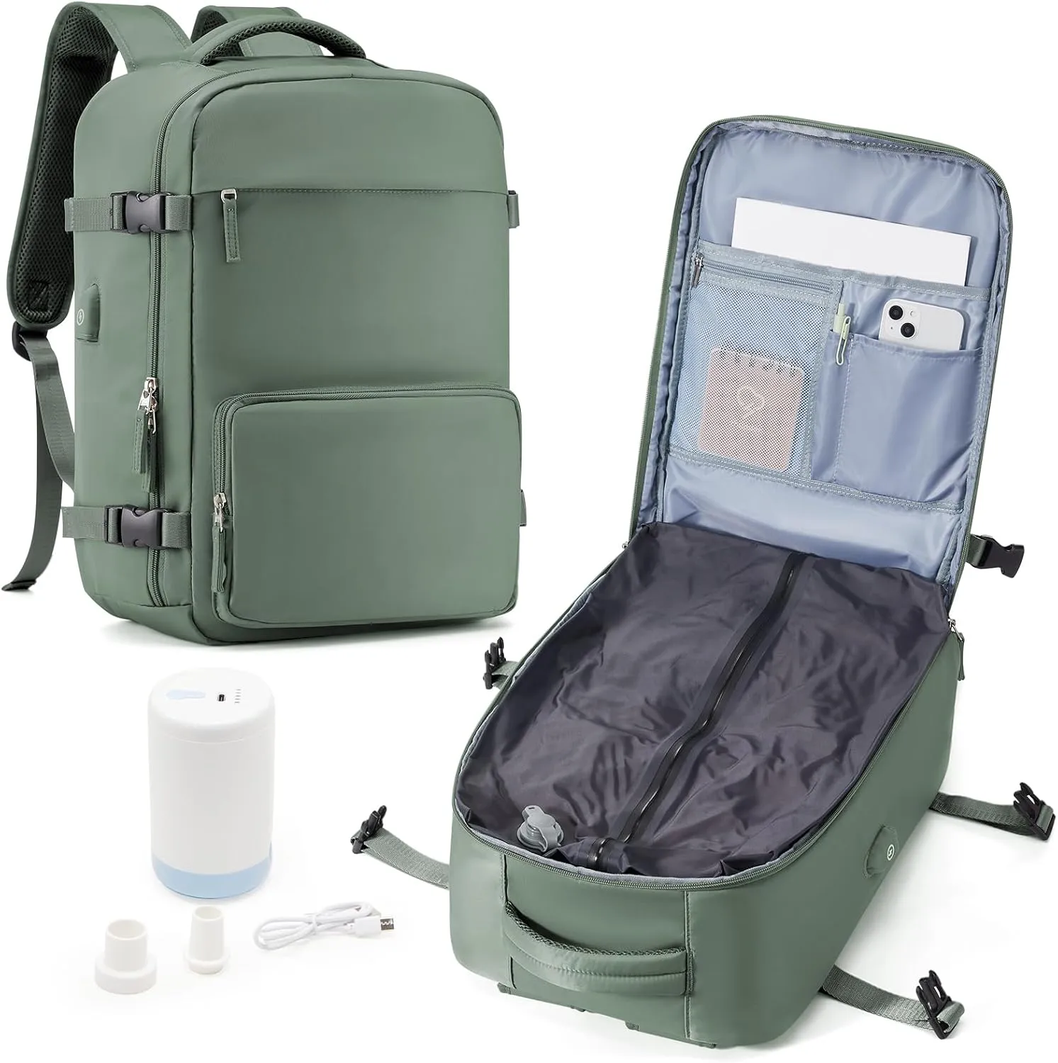 suwasp Vacuum Compression Travel Backpack with Electric Vacpack Pump, Vacuum Backpack Carry on Flight Approved, Airback Personal Item Travel Storage Space Saver Bags for Women Men,Sage Green