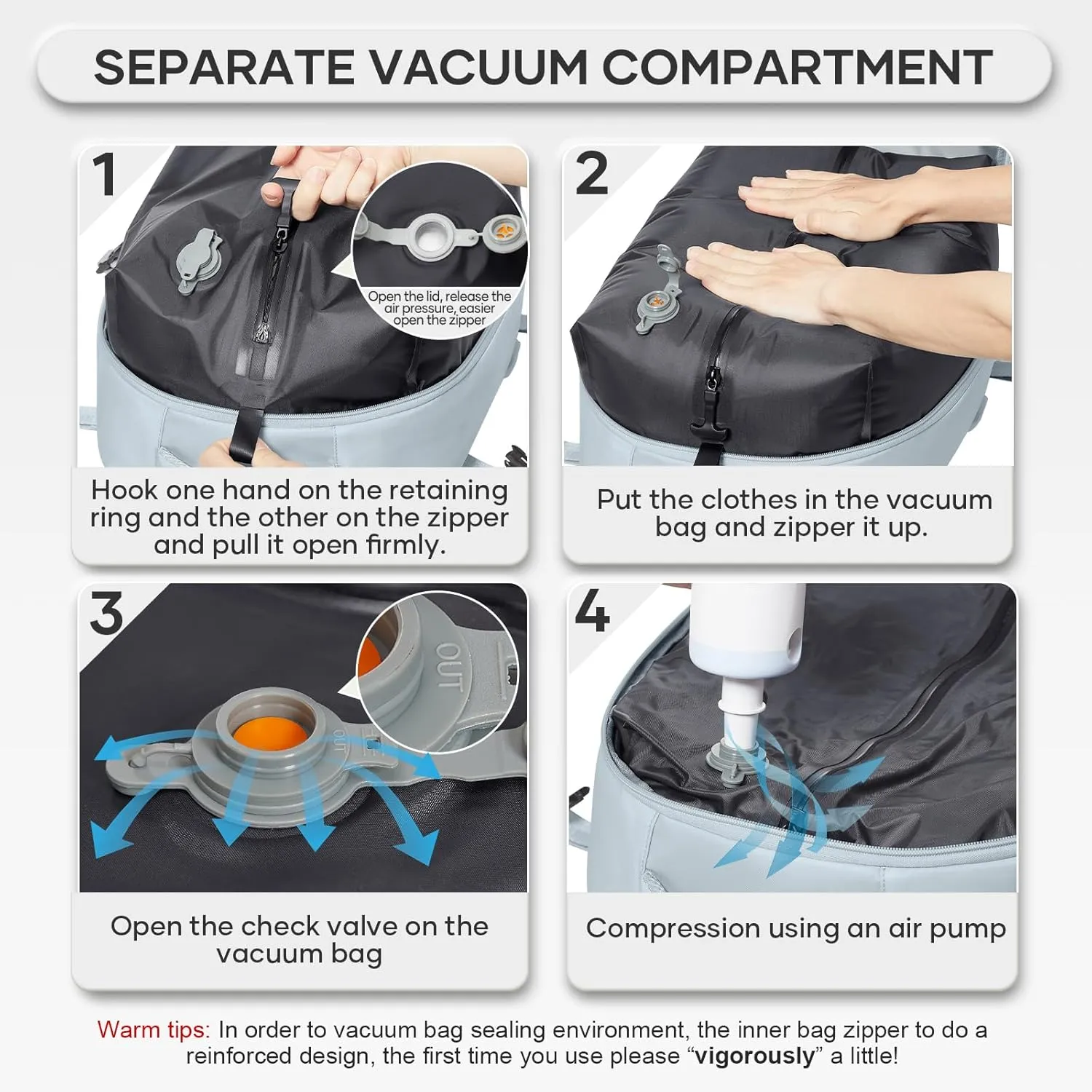 Vacuum Compression Backpack, Travel Vacuum Backpack with Electric Vacpack Pump, Flight Approved Carry On Personal Item Suitcase Luggage for Men Women, Light Blue
