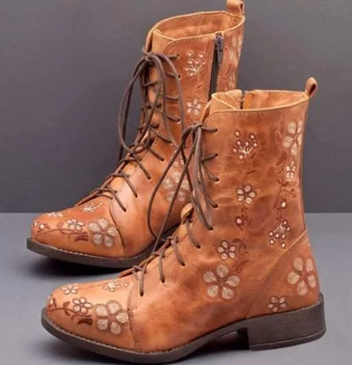 Women's flower embroidery zipper lace-up ankle boots low heel