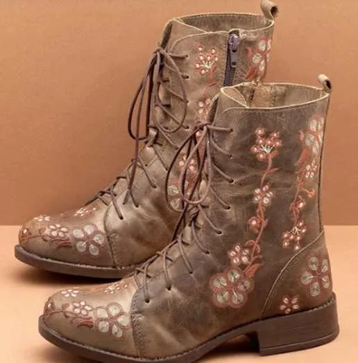 Women's flower embroidery zipper lace-up ankle boots low heel