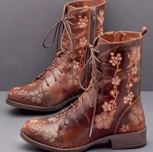 Women's flower embroidery zipper lace-up ankle boots low heel