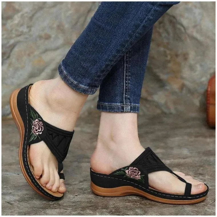 Women's ring toe flip flop wedge flower embroidery slides