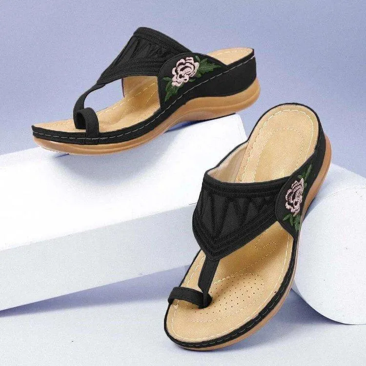 Women's ring toe flip flop wedge flower embroidery slides