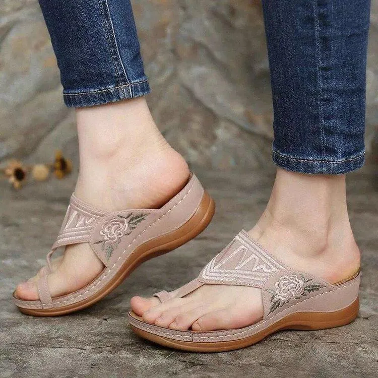 Women's ring toe flip flop wedge flower embroidery slides
