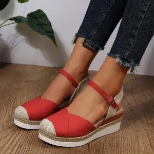 Women's Wedge Heel Lightweight Hemp Rope Braided Buckle Platform Sandals 57820755C